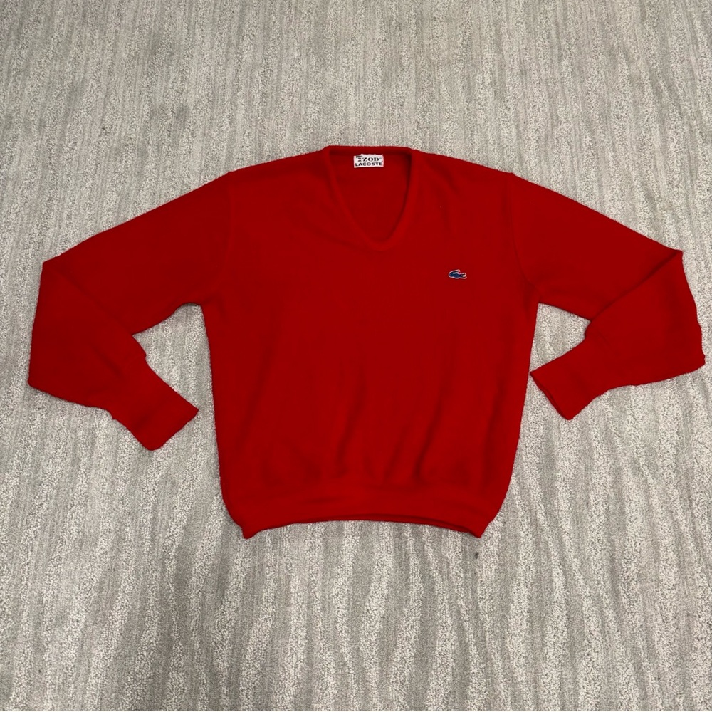 VTG 70’s Lacoste Red V-neck Sweater Logo Embroidered Men’s Size L